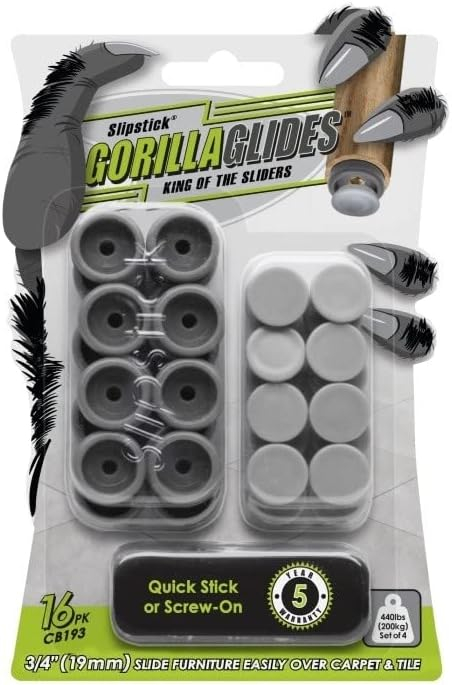 GorillaGlides CB193 3/4 Inch Chair Glides / Furniture Feet Floor Protectors (Set of 16 Sliders) Self-Adhesive or Screw-On, for Sliding on Carpet and Hard Surface Flooring, Round