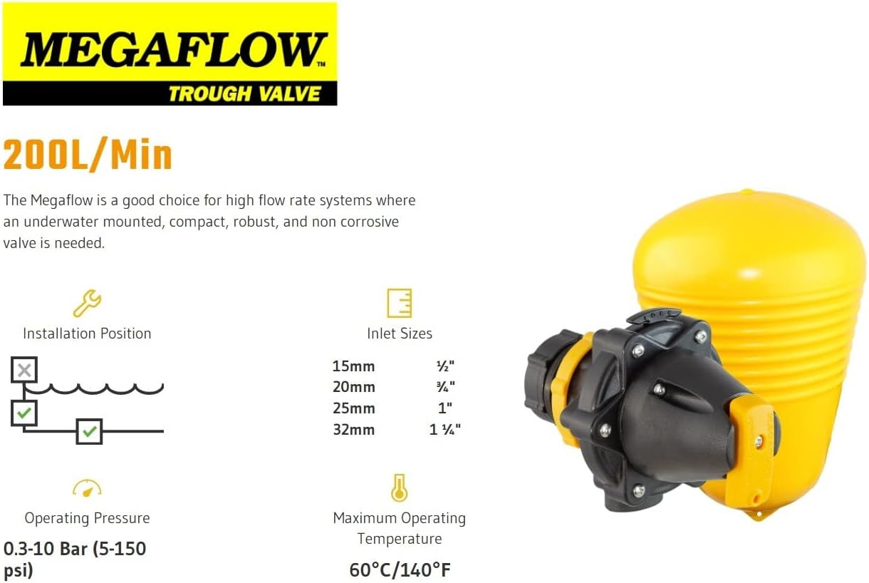 Jobe Valves J-MFV0100DLT Megaflow Trough Valve, 200L/Min, 150PSI, Detach Base, Long Tail, 1" NPT Inlet, Yellow/Black
