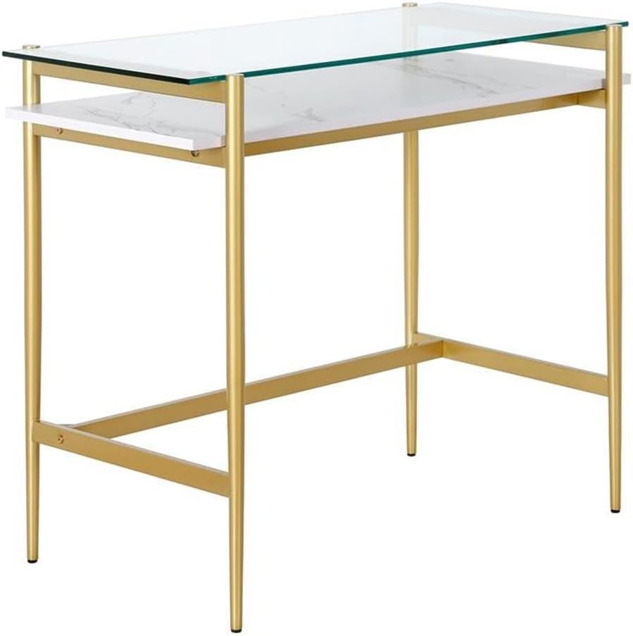 Henn&Hart 36" Brass/Faux Marble Metal/Glass/Faux Marble Home Office
