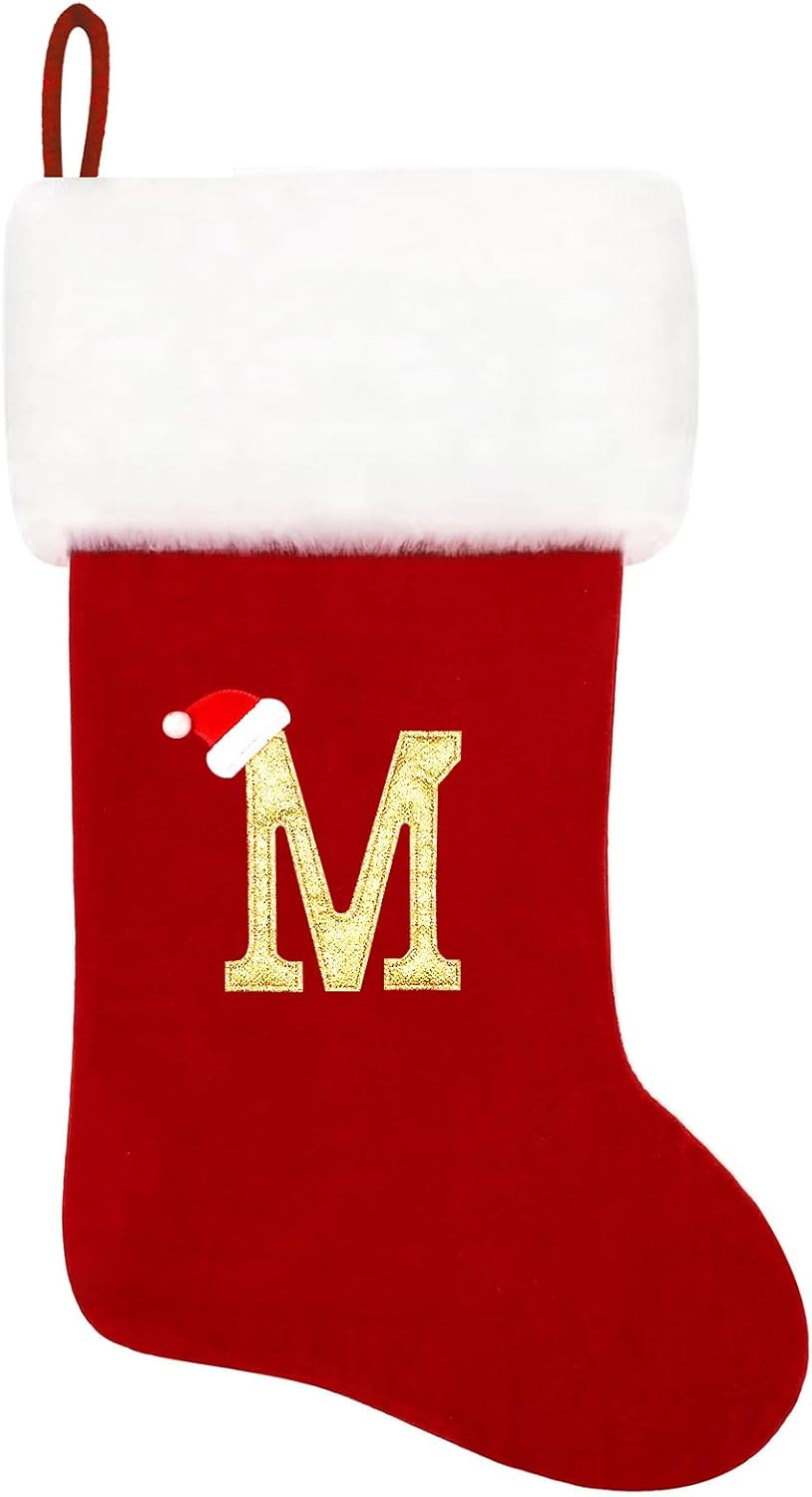 20 Inches Monogram Christmas Stockings White Velvet with White Super Soft Plush Cuff Embroidered Xmas Stockings Classic Personalized Stocking Decorations for Family Holiday Season Decor(R)