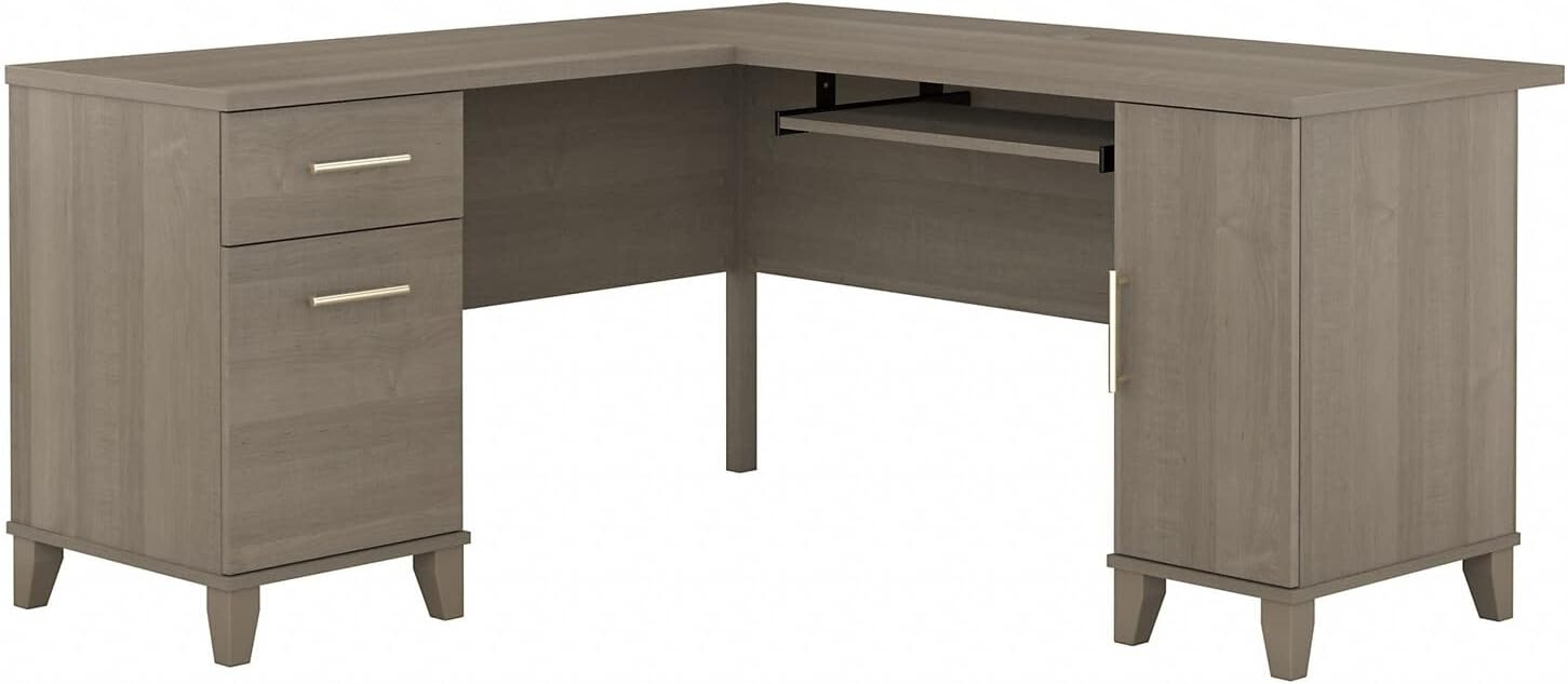 Bush Furniture Somerset 60" L Shaped Desk with Storage, Sand Oak