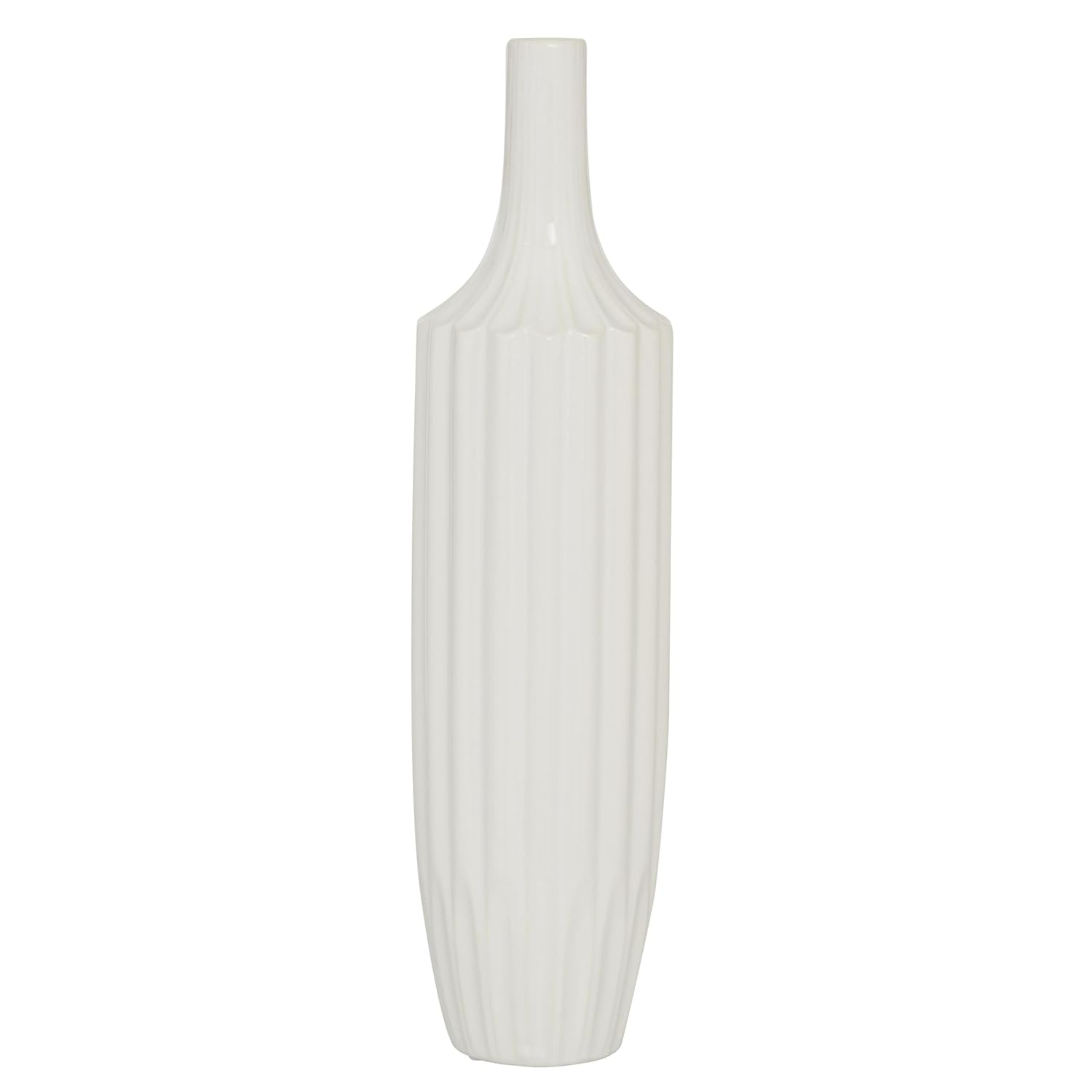 DecMode Modern Ceramic Tall White Decorative Vase with Vertical Groove Pattern 5"W x 19"H