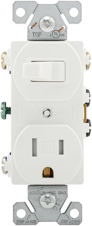 EATON Wiring TR293W 15 Amp 120V 5-15 3-Wire Combination Receptacle & Toggle Switch, White