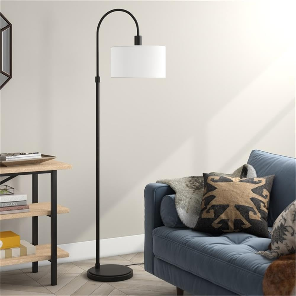 Evelyn&Zoe Veronica 70" Tall Arc Floor Lamp with Fabric Shade, Brushed Nickel/White