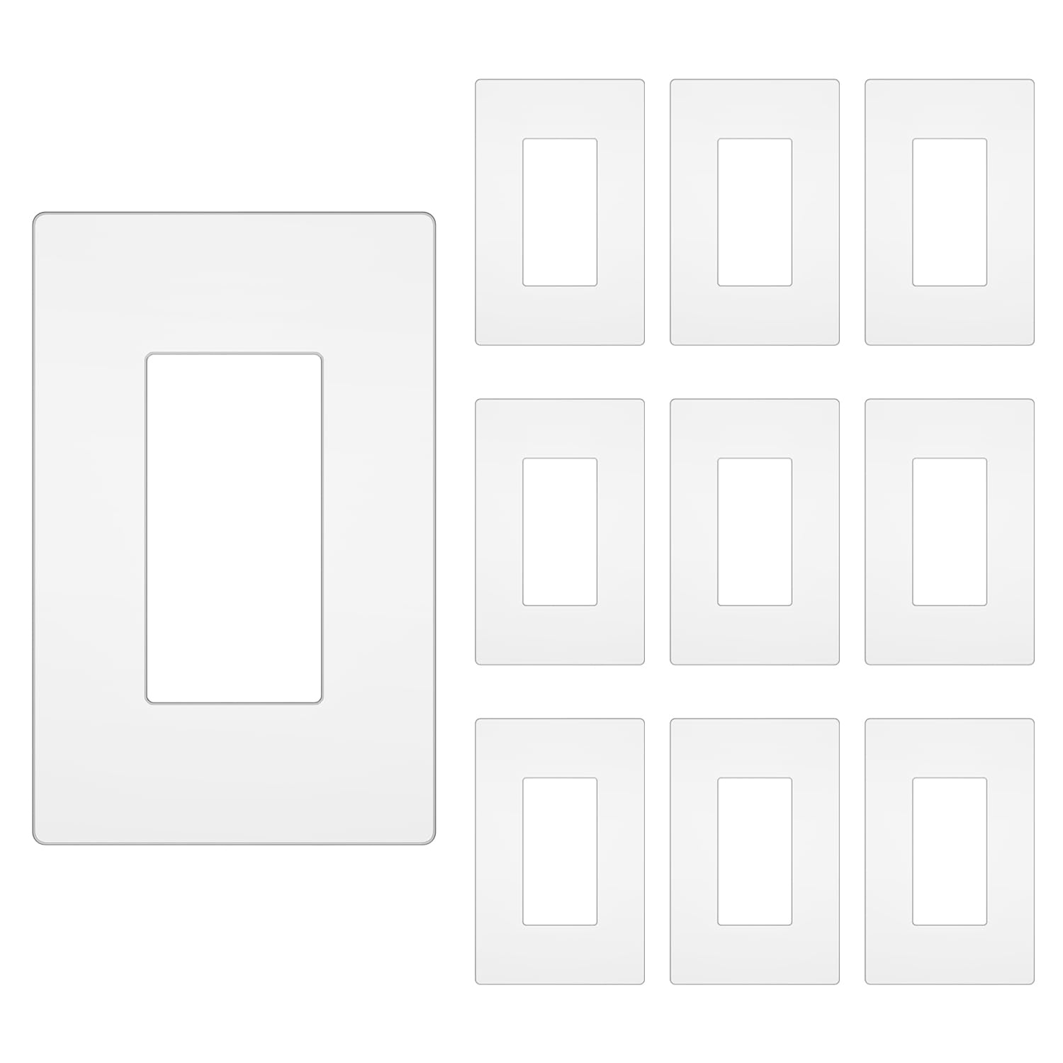 Screwless Decorator Wall Plate, Child Safe Outlet Cover, 1-Gang White Switch Plate Covers, Unbreakable Polycarbonate Thermoplastic, Standard Size, Glossy, 10 Pack