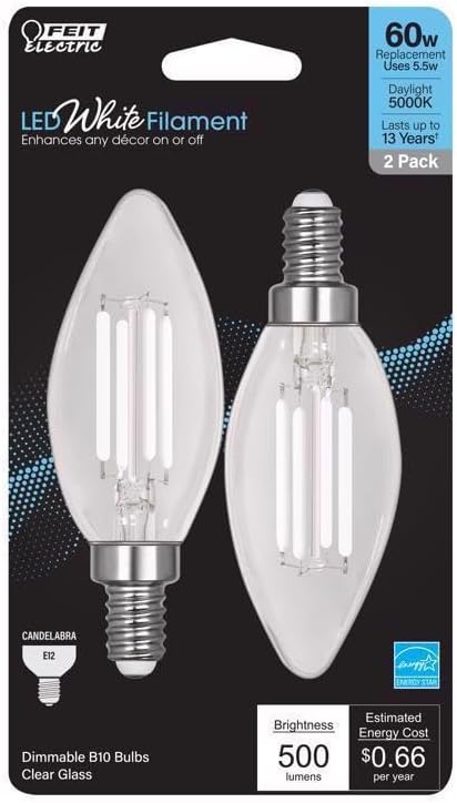 Feit Electric BA10 E12 (Candelabra) Filament LED Bulb Daylight 60 Watt Equivalence 2 pk