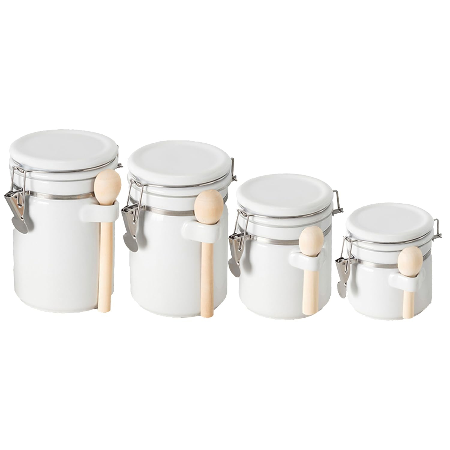 White Ceramic Canister Set with Wooden Spoons and Flip Top Lid
