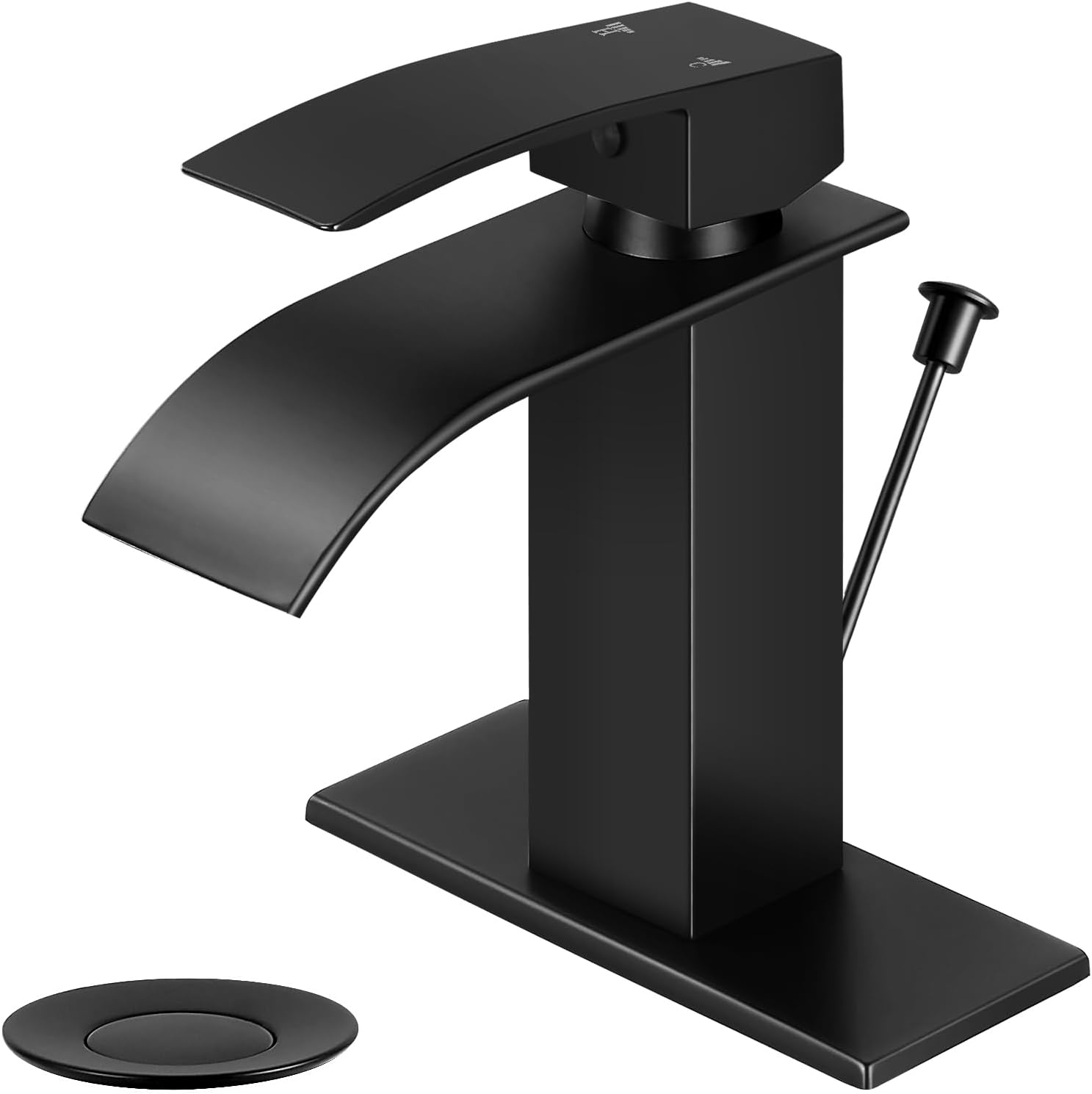 KZH Waterfall Bathroom Faucet, Black Modern Single Handle Bathroom Faucets for 1 or 3 Hole Bathroom Sink Faucet Mixer Tap Washbasin Faucet with Lift Rod Drain,Deck Plate, Supply Hoses