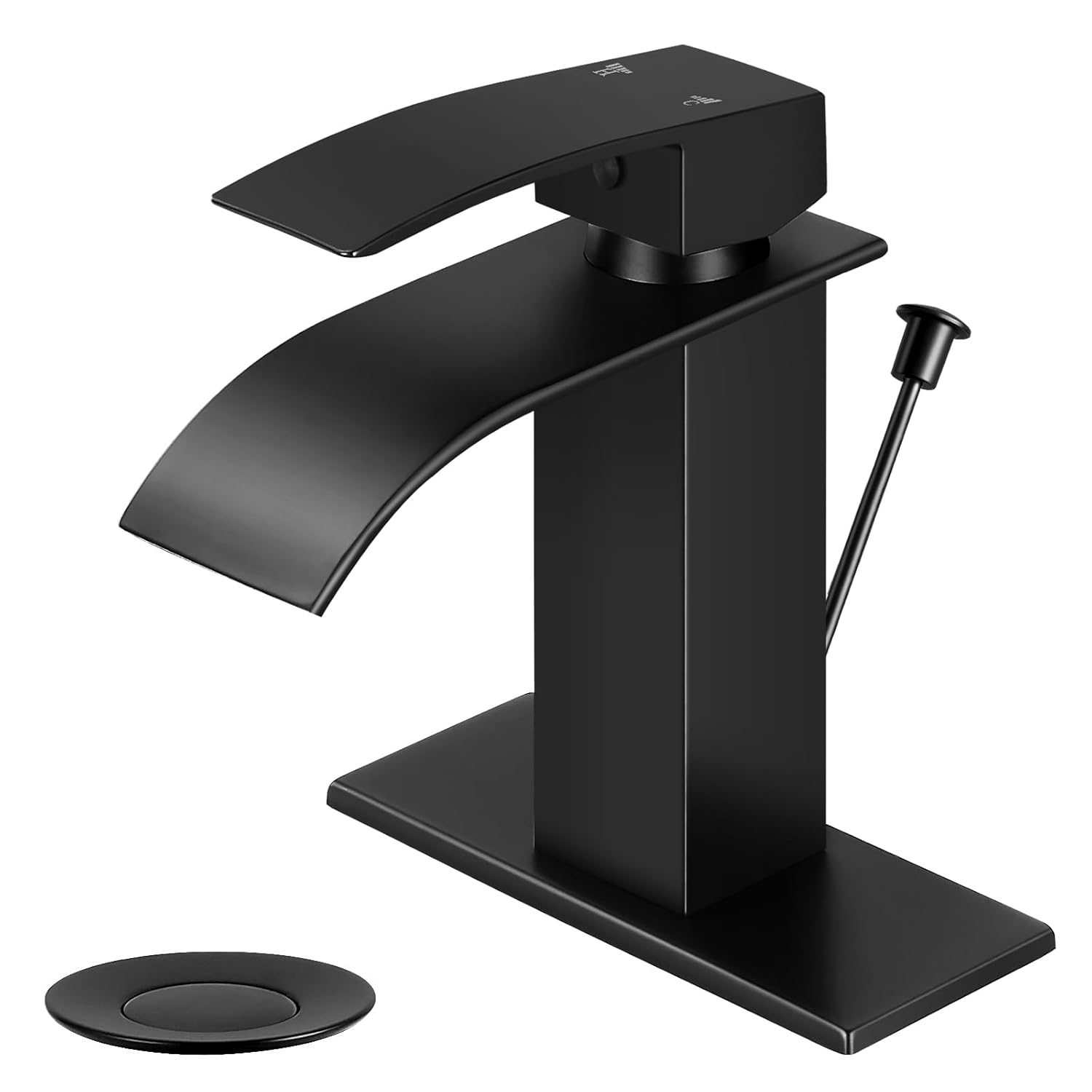 KZH Waterfall Bathroom Faucet, Black Modern Single Handle Bathroom Faucets for 1 or 3 Hole Bathroom Sink Faucet Mixer Tap Washbasin Faucet with Lift Rod Drain,Deck Plate, Supply Hoses
