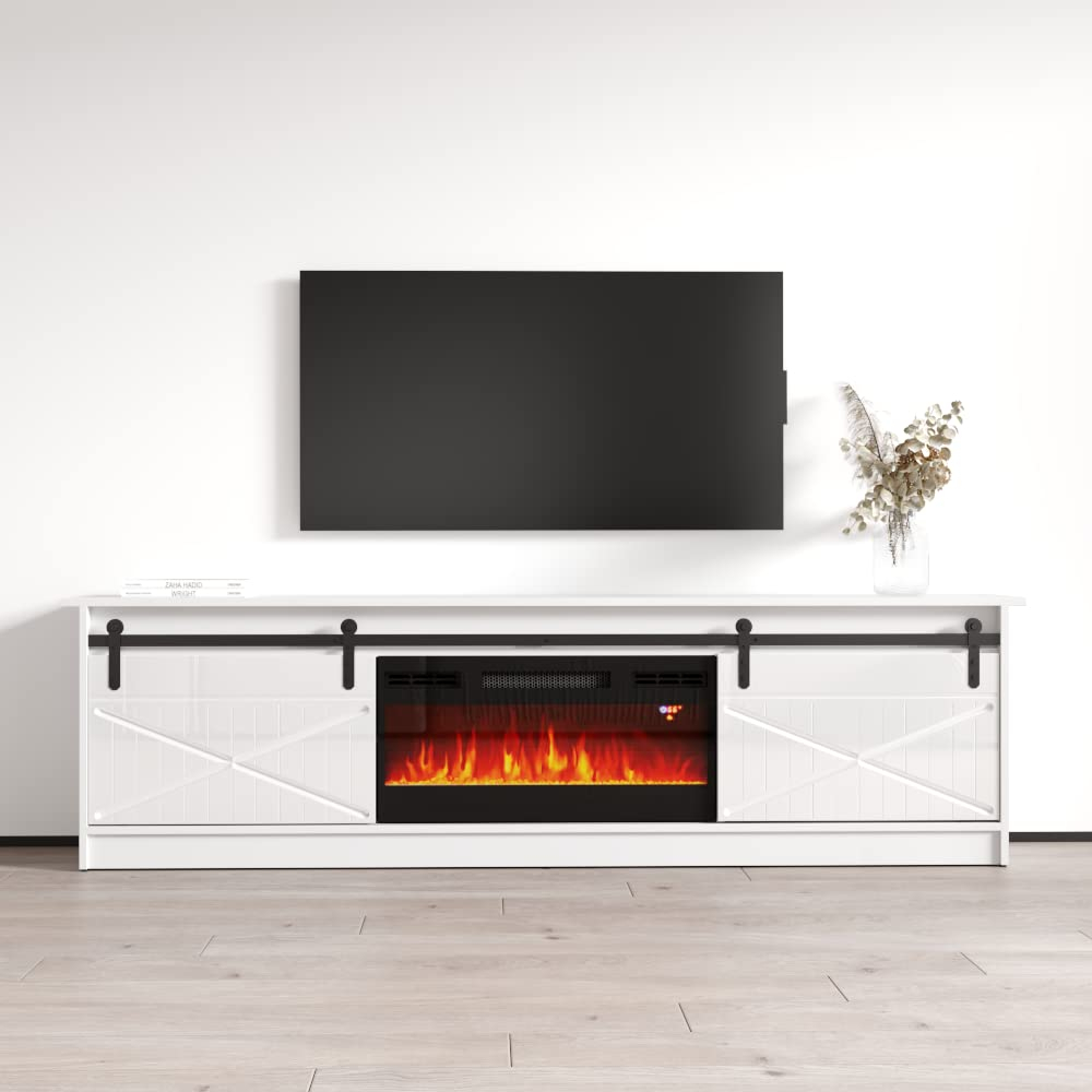 Granero BL-EF Fireplace TV Stand for TVs up to 90", Modern High Gloss 79" Entertainment Center, Electric Fireplace TV Media Console with Storage Cabinets