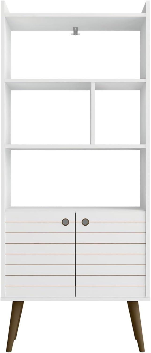 Mid-Century Modern White and Wood 3-Tier Bookshelf with Doors