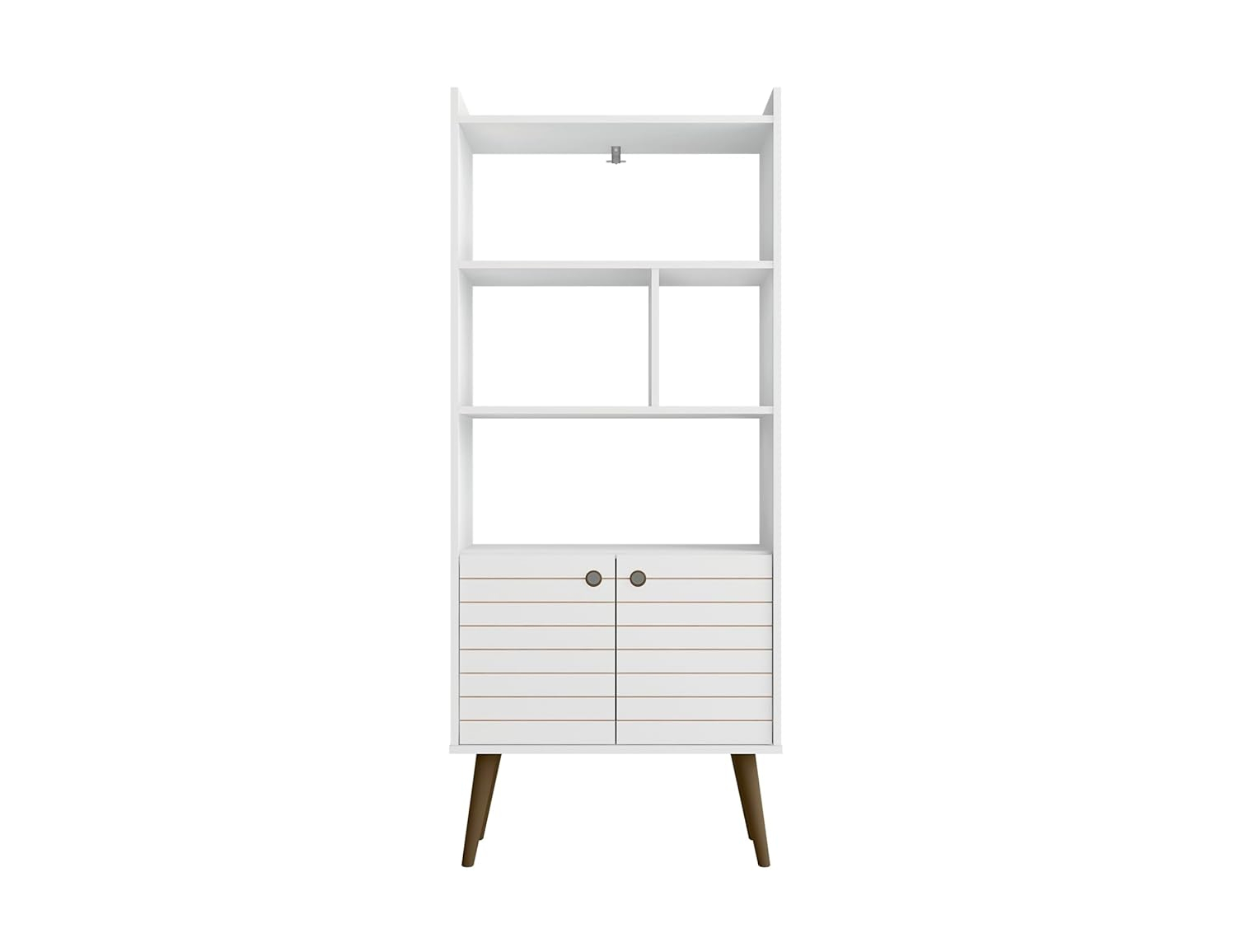 Mid-Century Modern White and Wood 3-Tier Bookshelf with Doors