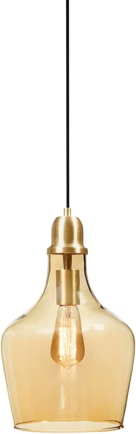 Hampton Hill Auburn Pendant Kitchen Lighting for Dining Room, Industrial Kitchen Lights, Hand-Blown Glass Bell Shaped Pendant Light for Kitchen Island, Foyer, Bedroom, 9" Dia x 95.5" H, Gold/Amber