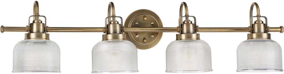 Archie Collection Four-Light Vintage Brass Clear Double Prismatic Glass Coastal Bath Vanity Light