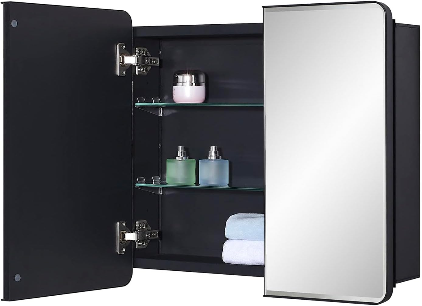 Black Bathroom Medicine Cabinet with Round Corner Framed Door and Beveled Edge Mirror 22 x 20 inch, Recessed or Surface Mount, with Adjustable Glass Shelves
