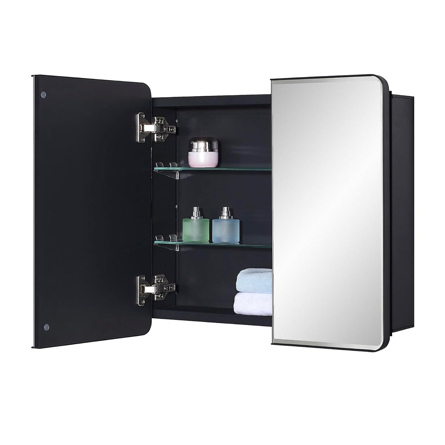 Black Bathroom Medicine Cabinet with Round Corner Framed Door and Beveled Edge Mirror 22 x 20 inch, Recessed or Surface Mount, with Adjustable Glass Shelves