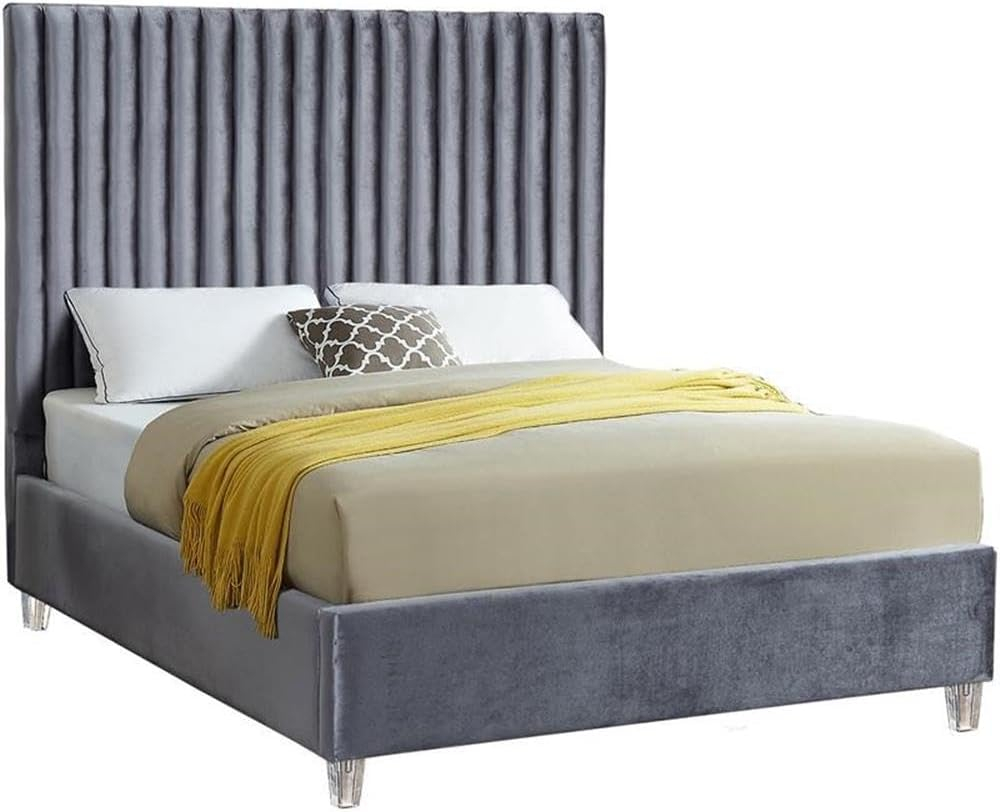 Candace Grey Velvet Queen Bed-Color:Grey Velvet,Style:Contemporary