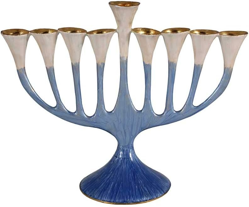 Artistic Floral Hanukkah Menorah - Trumpet Flower Hanukkiah Enamel Plated Painted in Blue and Gold - fits Standard Chanukah Candles - Comes in a Gift Box Collectible Candle Menorahs by Zion Judaica