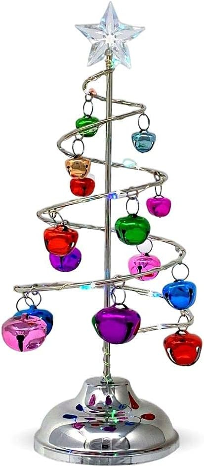 Lighted Tabletop Spiral Silver Christmas Tree - Multicolor Jingle Bells & Lights - Battery Operated - Home Xmas Décor - Approximately 10.25" Tall