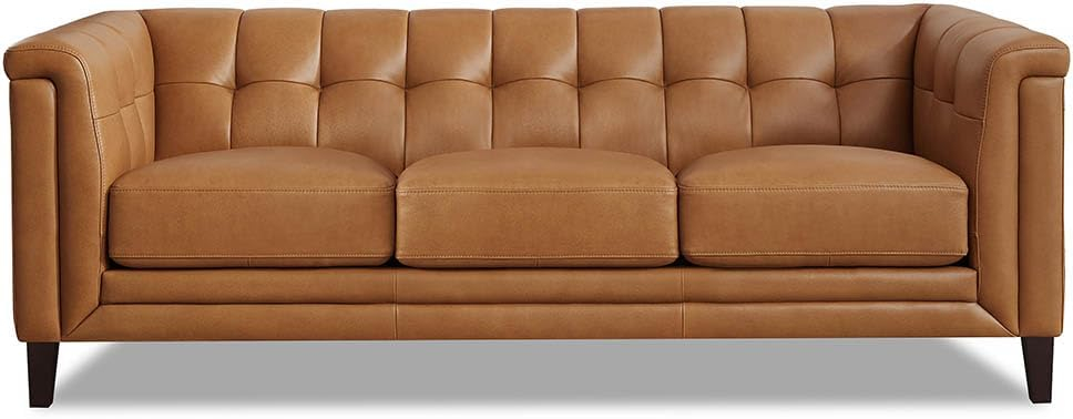 Arvo 84" Silver Gray Tufted Leather Sofa with Wood Legs