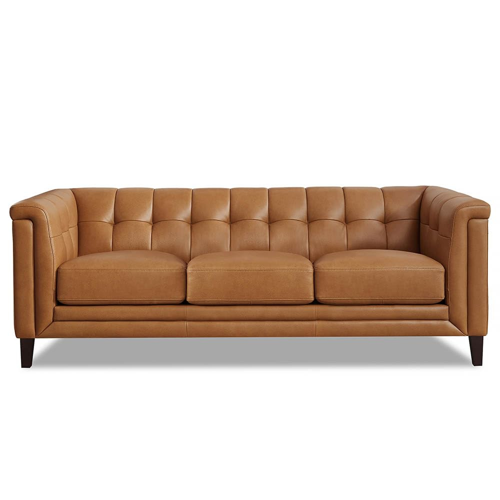 Arvo 84" Silver Gray Tufted Leather Sofa with Wood Legs