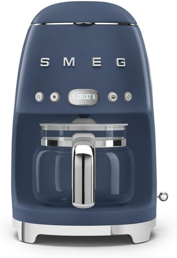 Navy Blue Retro Style 10-Cup Drip Coffee Machine with Glass Carafe