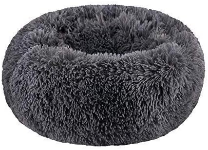BODISEINT Modern Soft Plush Round Pet Bed for Cats or Small Dogs, Mini Medium Sized Dog Cat Bed Self Warming Autumn Winter Indoor Snooze Sleeping Cozy Kitty Teddy Kennel (20''D x 8'' H, Dark Grey)