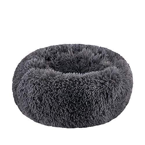 BODISEINT Modern Soft Plush Round Pet Bed for Cats or Small Dogs, Mini Medium Sized Dog Cat Bed Self Warming Autumn Winter Indoor Snooze Sleeping Cozy Kitty Teddy Kennel (20''D x 8'' H, Dark Grey)