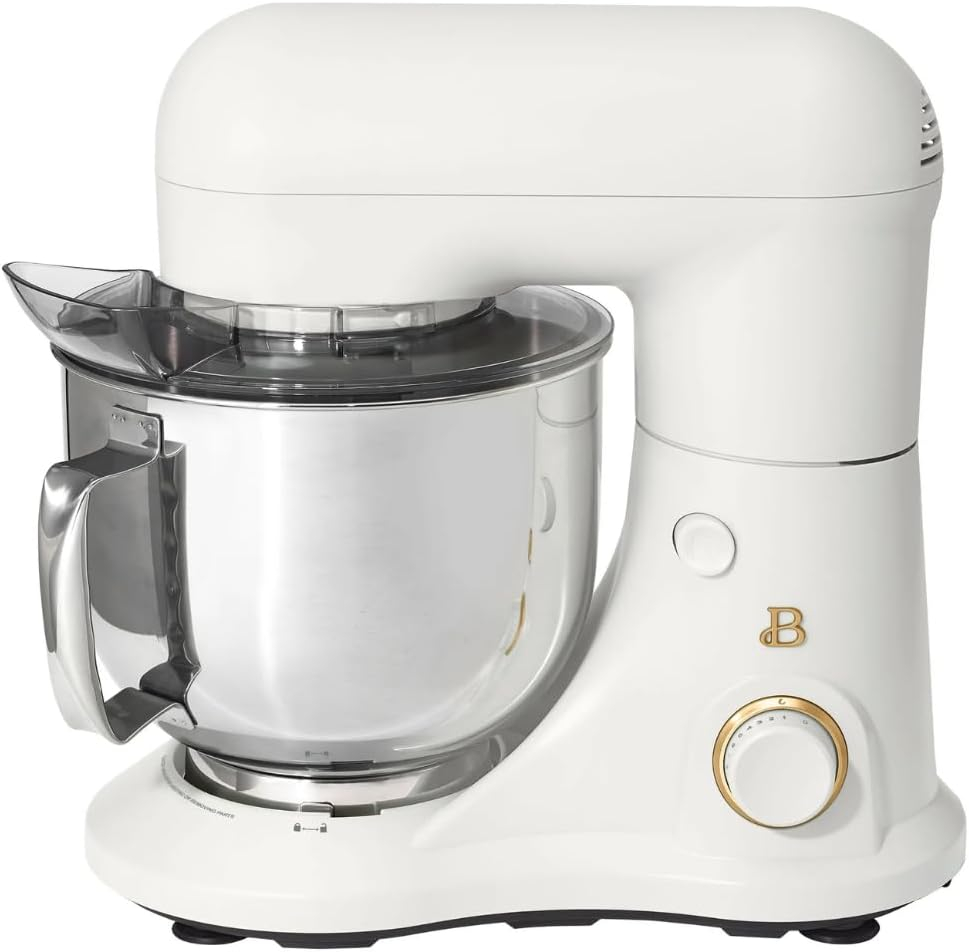 Beautiful 5.3 Qt Stand Mixer, White Icing with Flat Beater, Dough Hook, Balloon Whisk