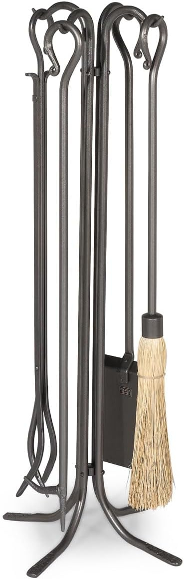 5 Pc Hand-Forged Fireplace Tools w Stand in Iron Finish