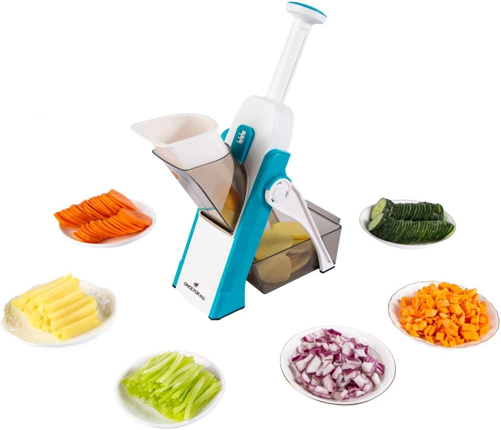 ONCE FOR ALL Safe Mandoline Slicer 5 in 1 Vegetable Cutter, Strips Julienne Dicer Adjustable Thickness 0.1-8 mm for Kitench Fast Meal Prep (Light Blue)