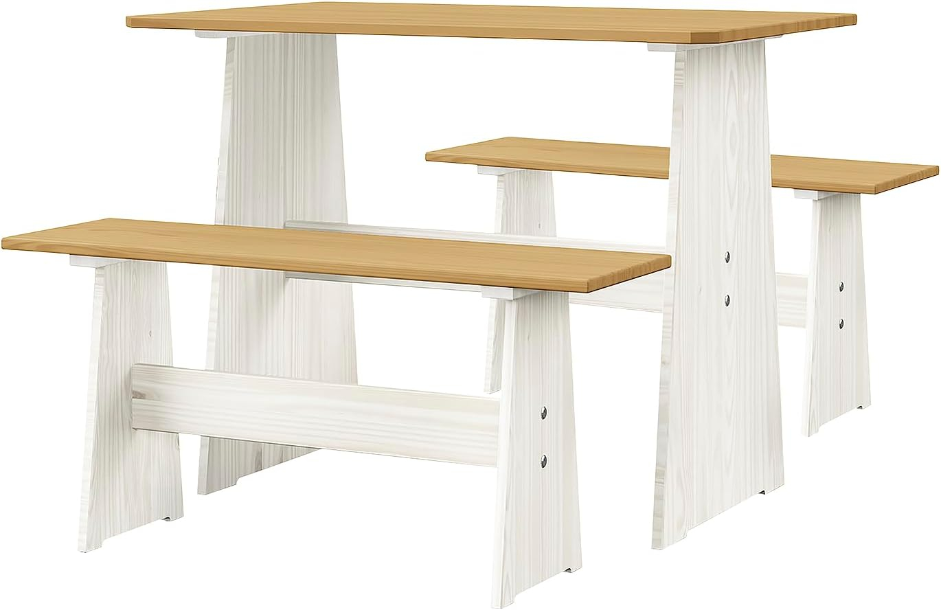 Urban Home Furniture Chapman 3 Piece Casual Dining 2-Tone Natural/White Solid Pine Wood Kitchen Table Set with 2 Benches, Kitchen Dining Set