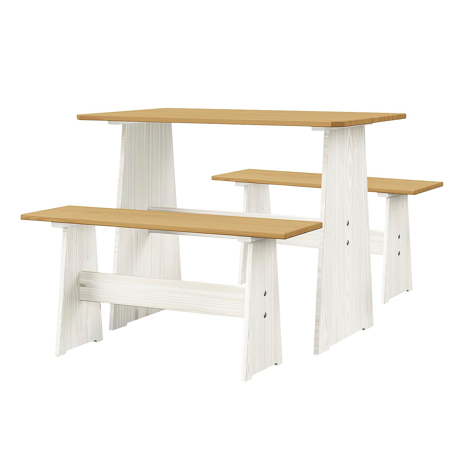 Urban Home Furniture Chapman 3 Piece Casual Dining 2-Tone Natural/White Solid Pine Wood Kitchen Table Set with 2 Benches, Kitchen Dining Set
