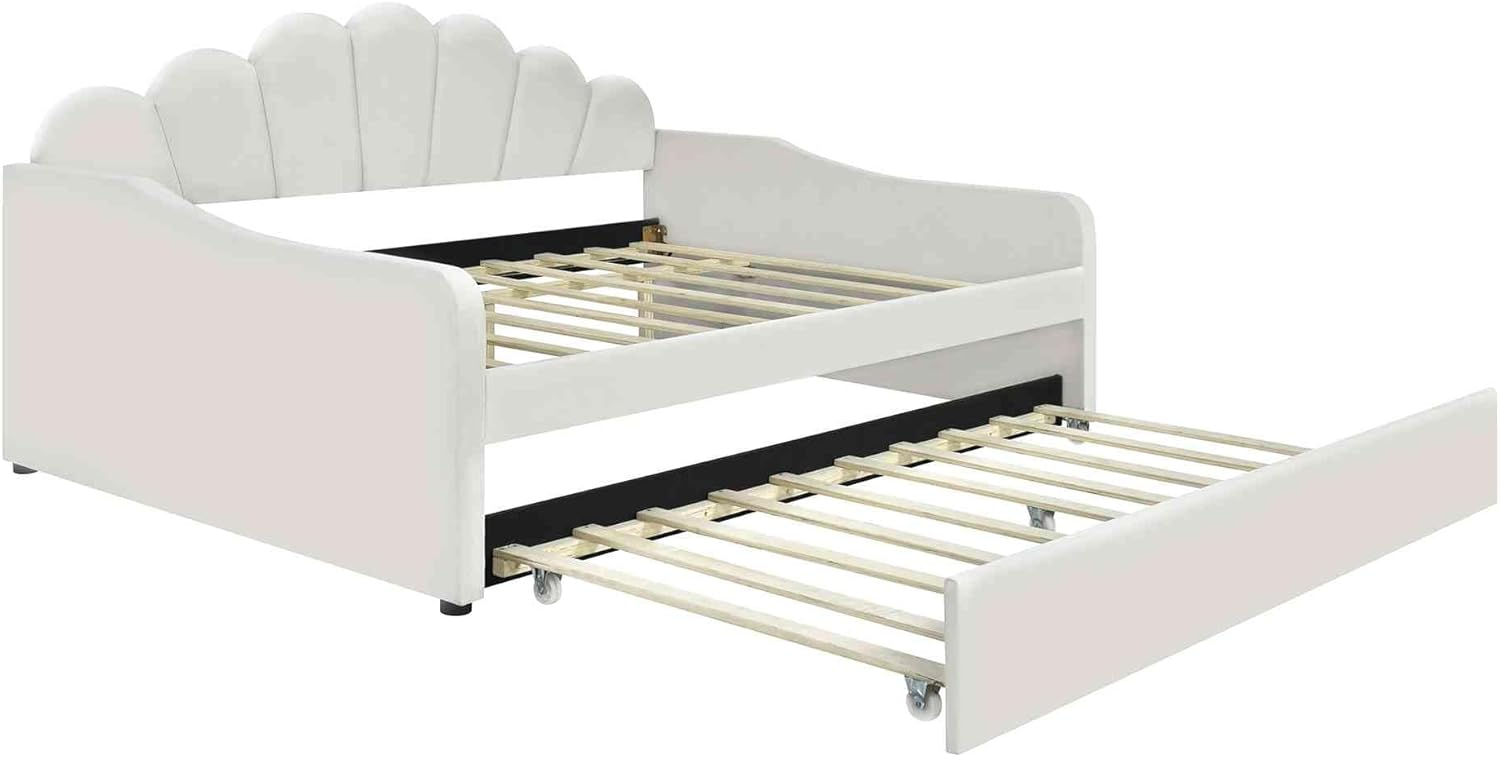 ATY Full Size Upholstery Daybed with Trundle and Backrest, Shall Shaped Bedframe, Sofa Design, for Bedroom, Guestroom, Small Space, Beige