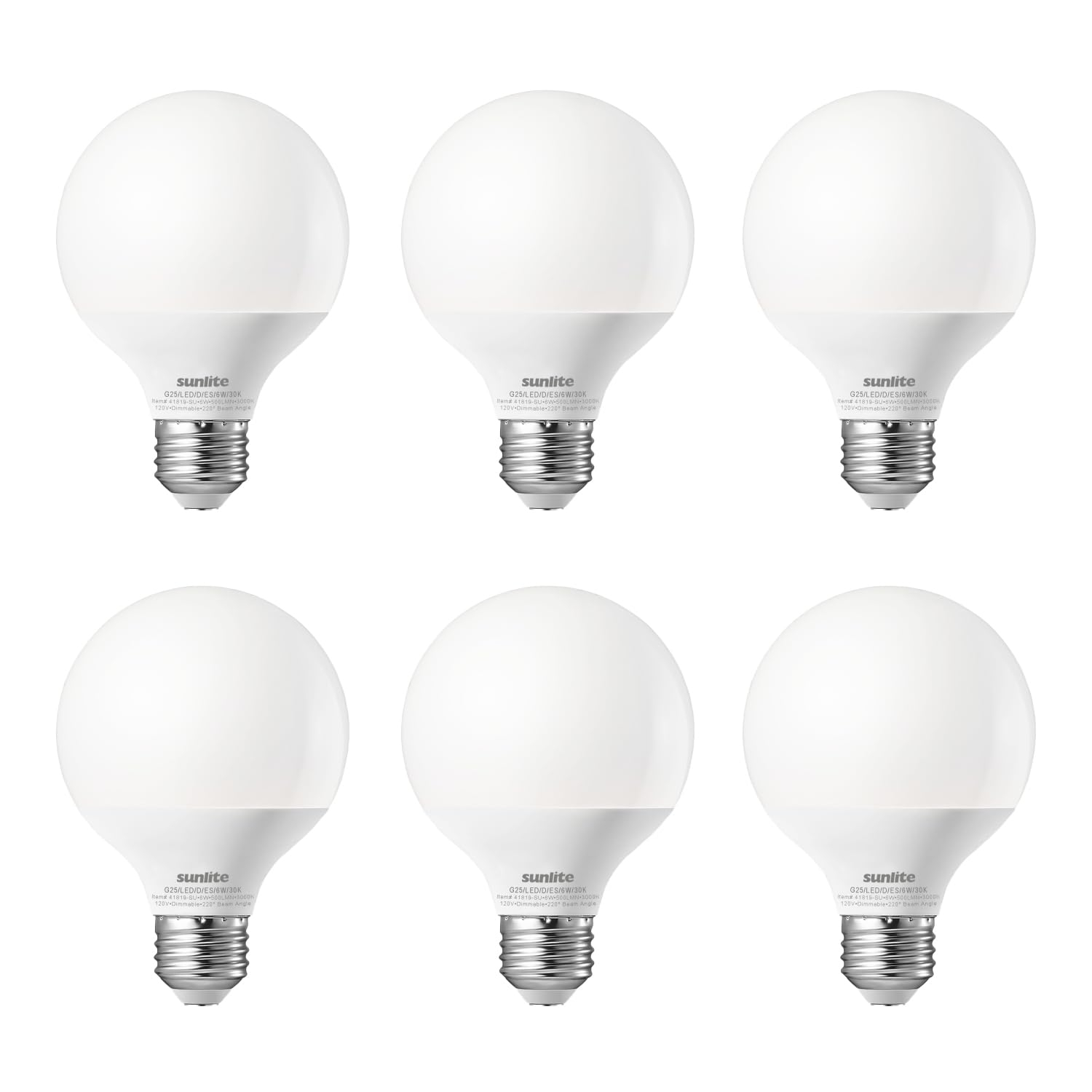 Sunlite LED G25 Globe Light Bulb, 6 Watts (60W Equivalent), Standard E26 Base, 520 Lumens, Dimmable, Frosted, 90 CRI, 5000K Daylight, 6 Pack
