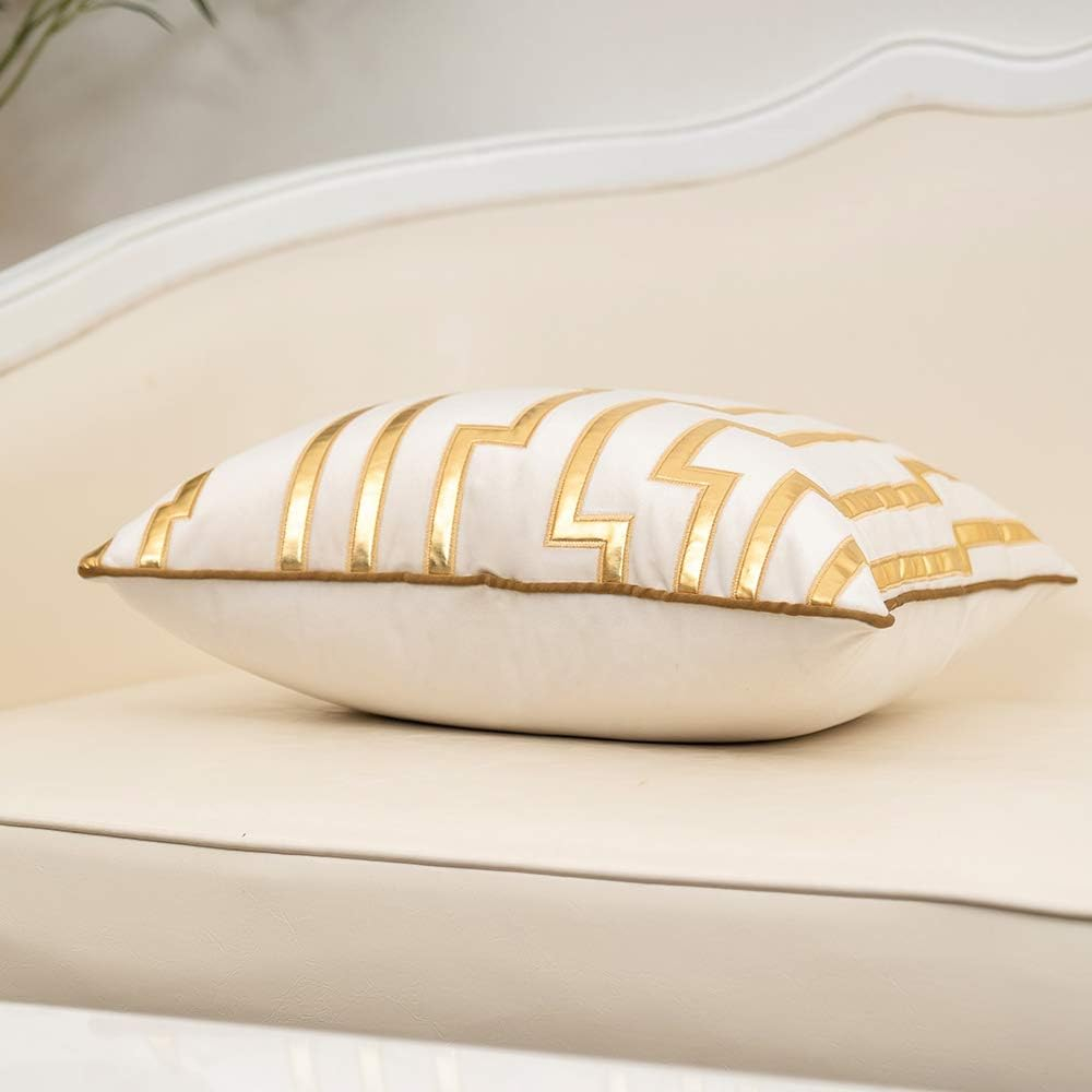 White Geometric Gold Leather Striped Throw Pillow Covers 18" x 18", Luxury European Cushion Cases Decorative Pillows for Couch Living Room Bedroom 40 x 40cm