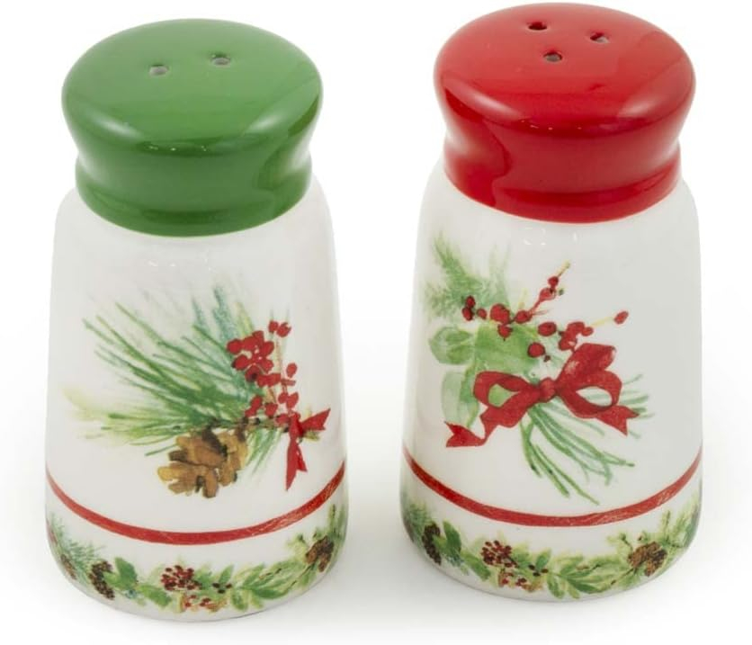 Holiday Ceramic Cylindrical Salt & Pepper Shakers, Red and Green