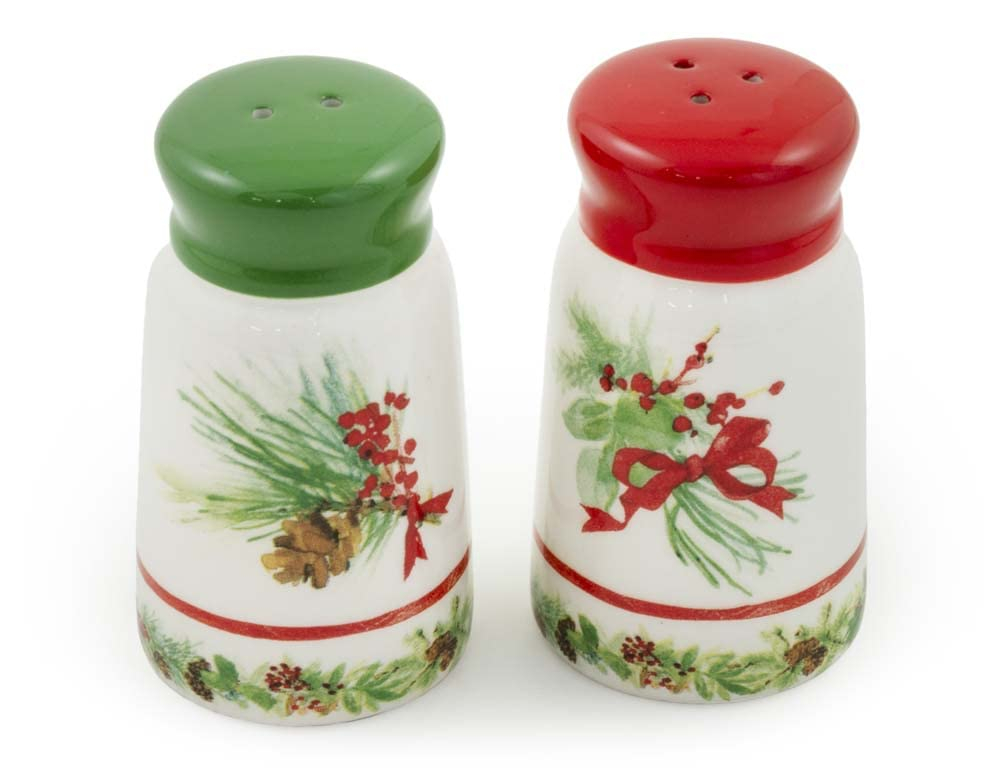 Holiday Ceramic Cylindrical Salt & Pepper Shakers, Red and Green