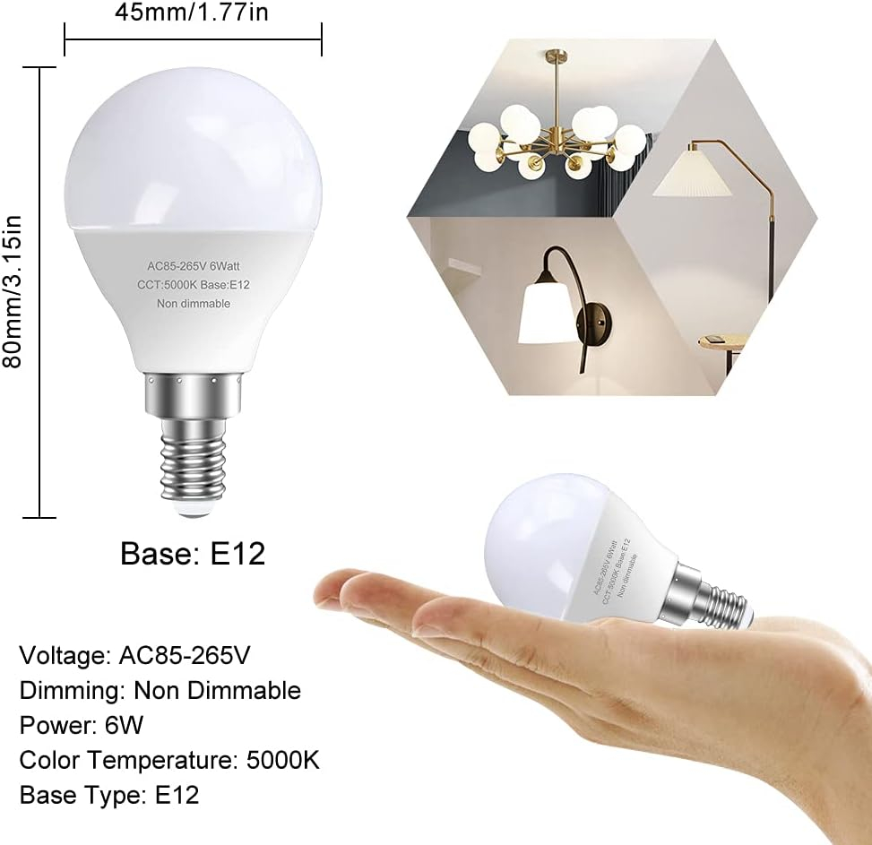 GOSCHE 6 Pack Bright Ceiling Fan Light Bulbs, 60 Watt Equivalent, E12 Led Bulb, A15 Shape Candelabra Base Chandelier Light Bulb, 120V Small Bulb, Non-Dimmable, Daylight 5000K, 6 Pcs