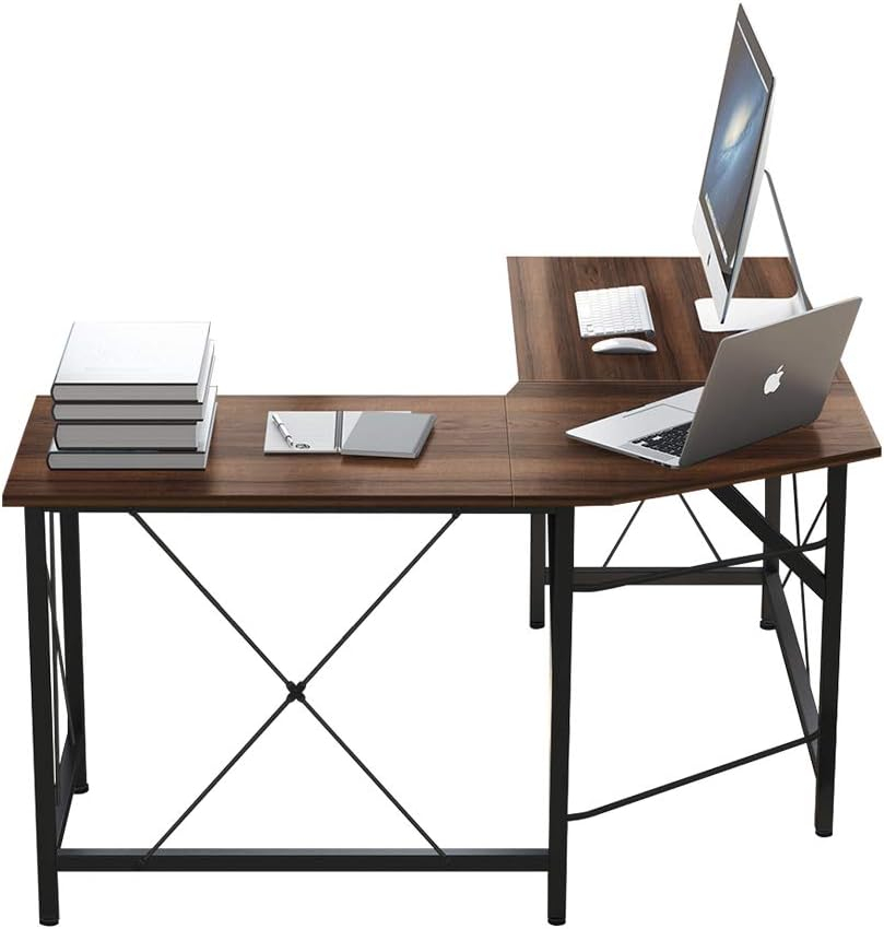 Coral Flower L-Shaped Desks for Home Office - Corner Computer Desk Writing Table Workstation - Sturdy Gaming Desk PC Laptop Dark Brown
