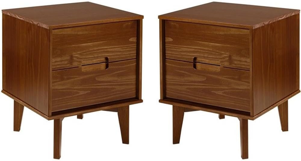 Mid-Century Modern Walnut Pine 2-Drawer Nightstand Set