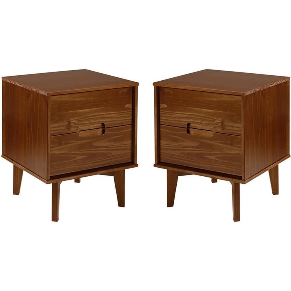 Mid-Century Modern Walnut Pine 2-Drawer Nightstand Set