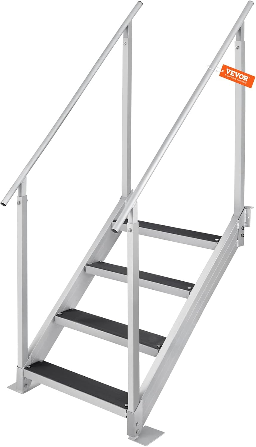 VEVOR Dock Stairs 4 Steps, 500lbs Load Pool Steps, Adjustable Height Aluminum Dock Ladders, Pontoon Boat Ladder with Handrails & Widen Nonslip Pedals for Lake/Pool/Marine Boarding/RV/House