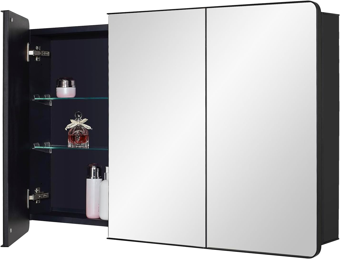 Black Bathroom Medicine Cabinet with Round Corner Framed Door, 40 x 25.5 inch, Recessed or Surface Mount, with Adjustable Glass Shelves