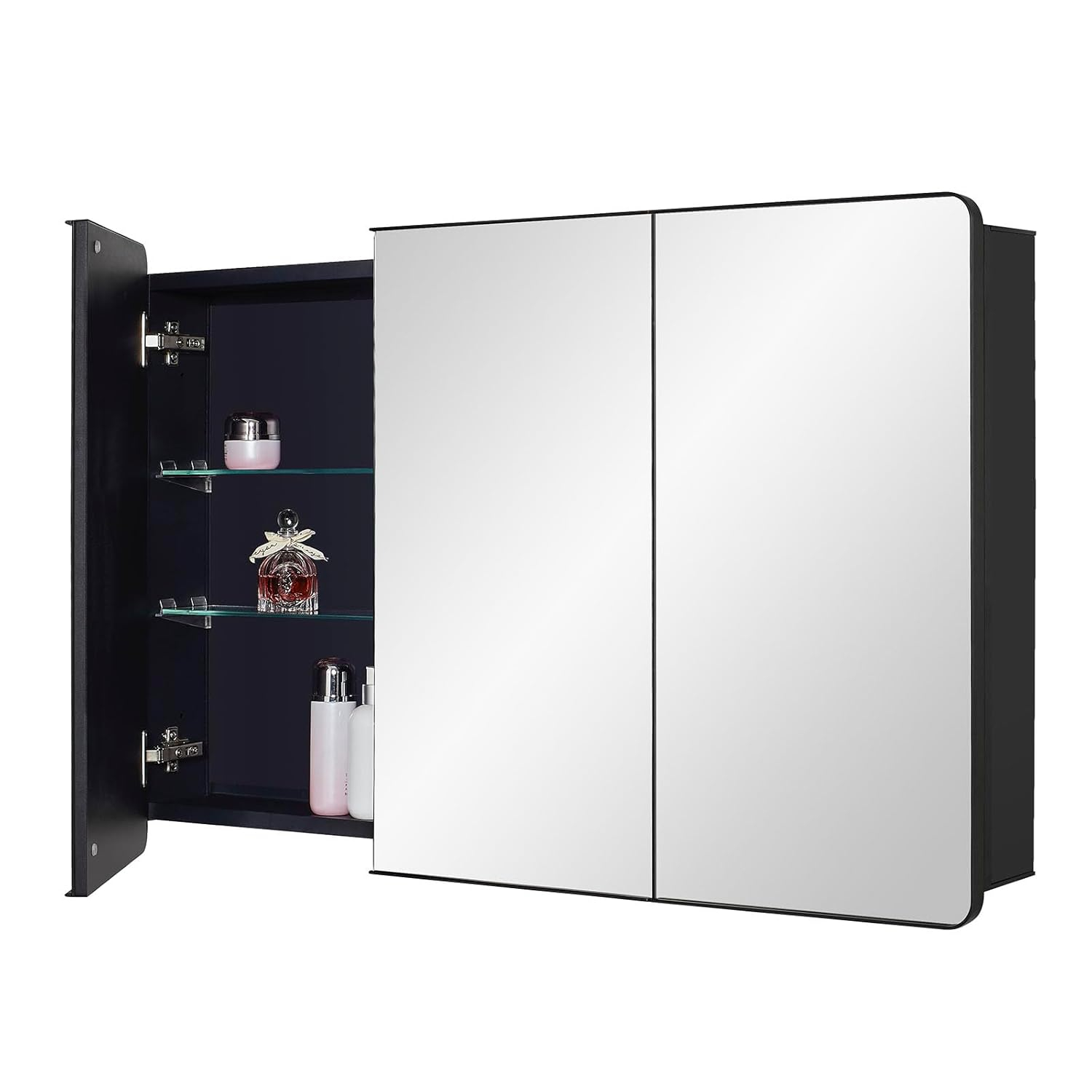 Black Bathroom Medicine Cabinet with Round Corner Framed Door, 40 x 25.5 inch, Recessed or Surface Mount, with Adjustable Glass Shelves