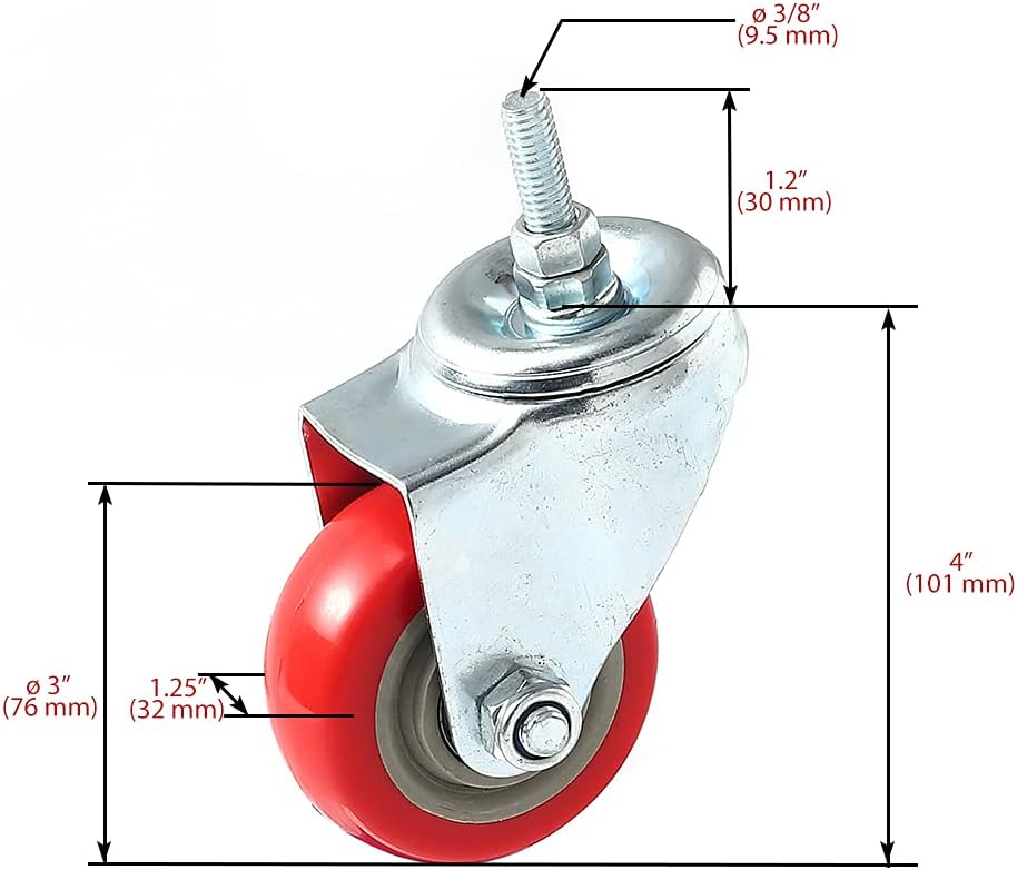 4 Pack Caster Wheels Swivel Plate Stem Casters On Red Polyurethane Wheels (3 inch Stem)