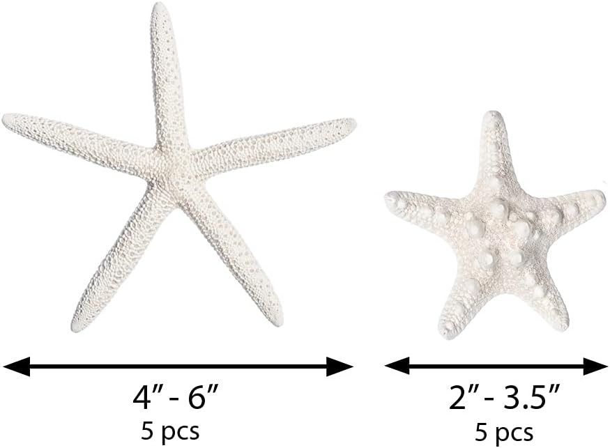 Nautical Crush Trading Starfish & Knobby Starfish Decor - (5) White Starfish 4-6" and (5) Knobby Starfish 2-3.5" - Beach Wedding Decor - Coastal Party Decorations - Seashell Decor