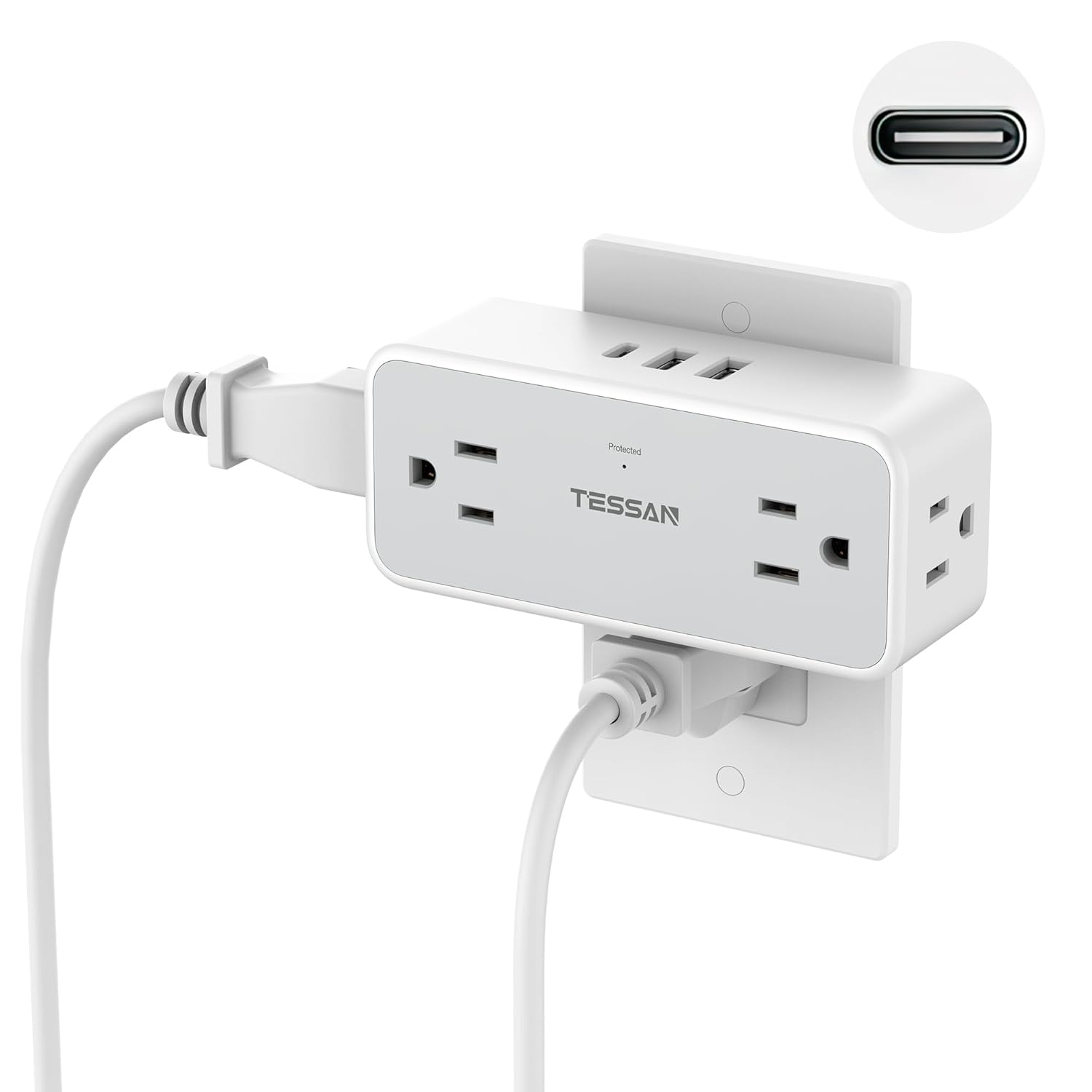 Outlet Extender Surge Protector, TESSAN Multi Wall Plug with 4 AC Electrical Outlets, 3 Sided Multiple Plug Expander, 1875W Max, Power Splitter 3 Prong Adapter for Home Bathroom Office Dorm Room
