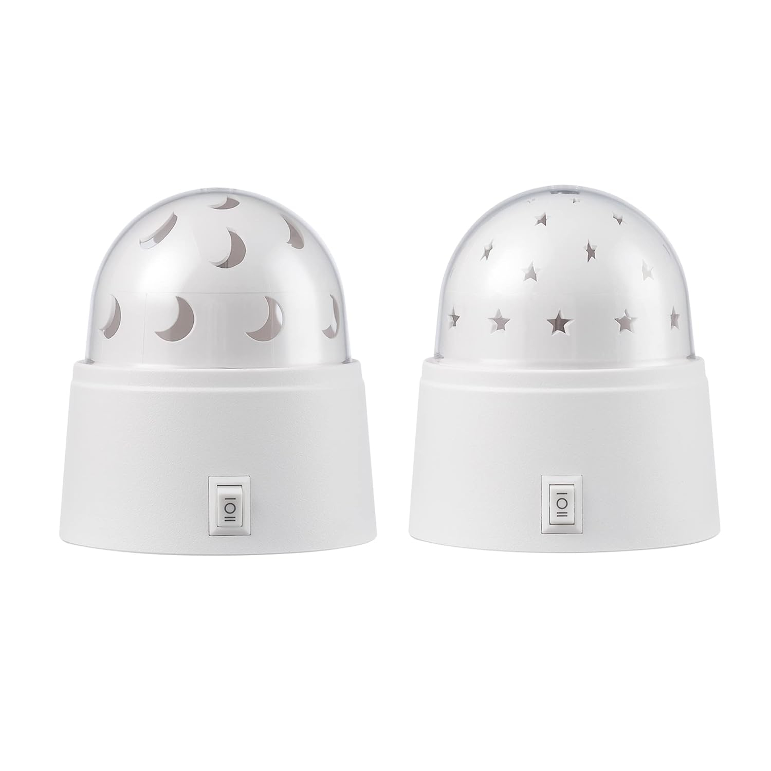 Globe Electric 13767 Rotating Projector Star and Moon LED Integrated Night Lights 2-Pack, 1x Star, 1x Moon, Battery Operated, 30 Min Timer, On/of Button, White Finish