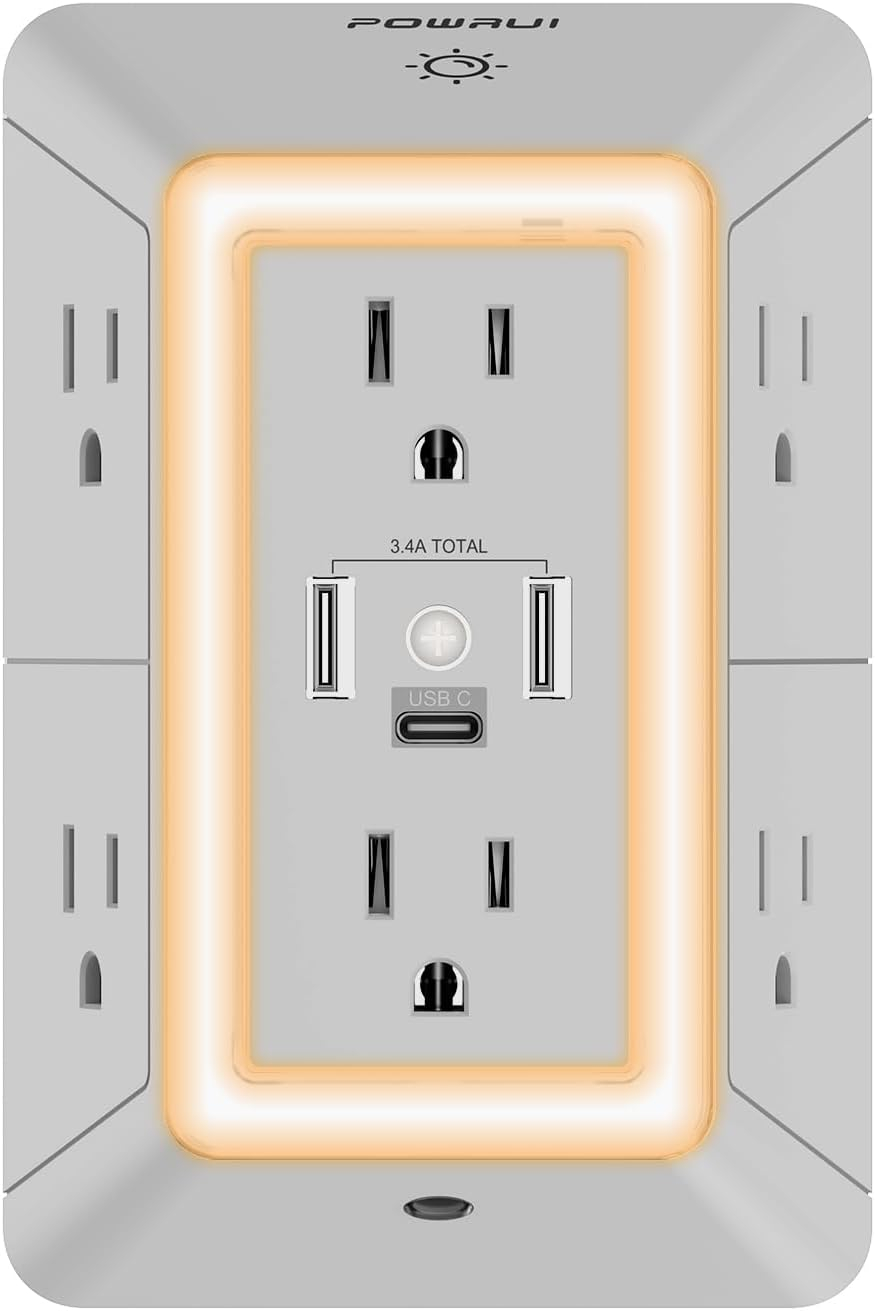POWRUI Power Strip Surge Protector - 6 AC Outlets With 3 USB Ports (1 USB C), Night Light, 3-Sided Multi Plug Wall Extender With Spaced Outlets - Grey, ETL Listed